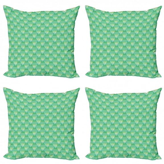 Abstract Throw Pillow Cushion Case Pack of 4, Striped Triangles 70's Style Inspired Hipster Sportswear Geometric Motifs, Modern Accent Double-Sided Print, 4 Sizes, Sea Green and White, by Ambesonne