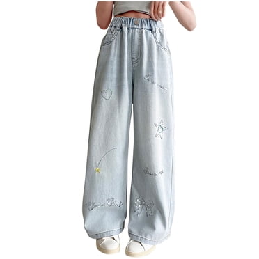 hoksml Pantalon en Denim à Paillettes Étoilées pour Filles Taille Haute Jambes Larges Jeans Confortable Ceinture Élastique Ample Décontracté avec Poches