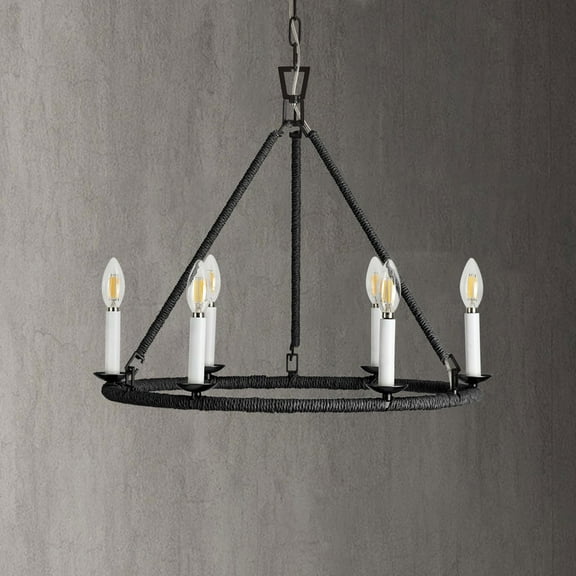 Wagon Wheel Chandelier, 6-Light Farmhouse Chandelier with Candle-Shaped, Black Chandeliers Light Fixture for Dining Room, Entryway, Living Room, Foyer