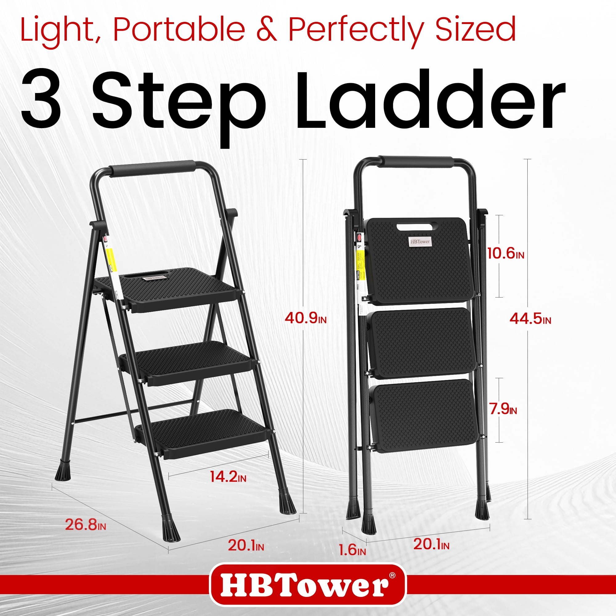 HBTower 3 Step Ladder, Folding Step Stool with Wide Anti-Slip Pedal, Convenient Handgrip, Lightweight 500lbs, Portable Steel Step Stool, Black