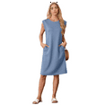 thumbnail image 2 of Women Summer Round Neck Casual Loose Split Wrinkle-Free Midi Dress with Pockets Denim Blue L, 2 of 7
