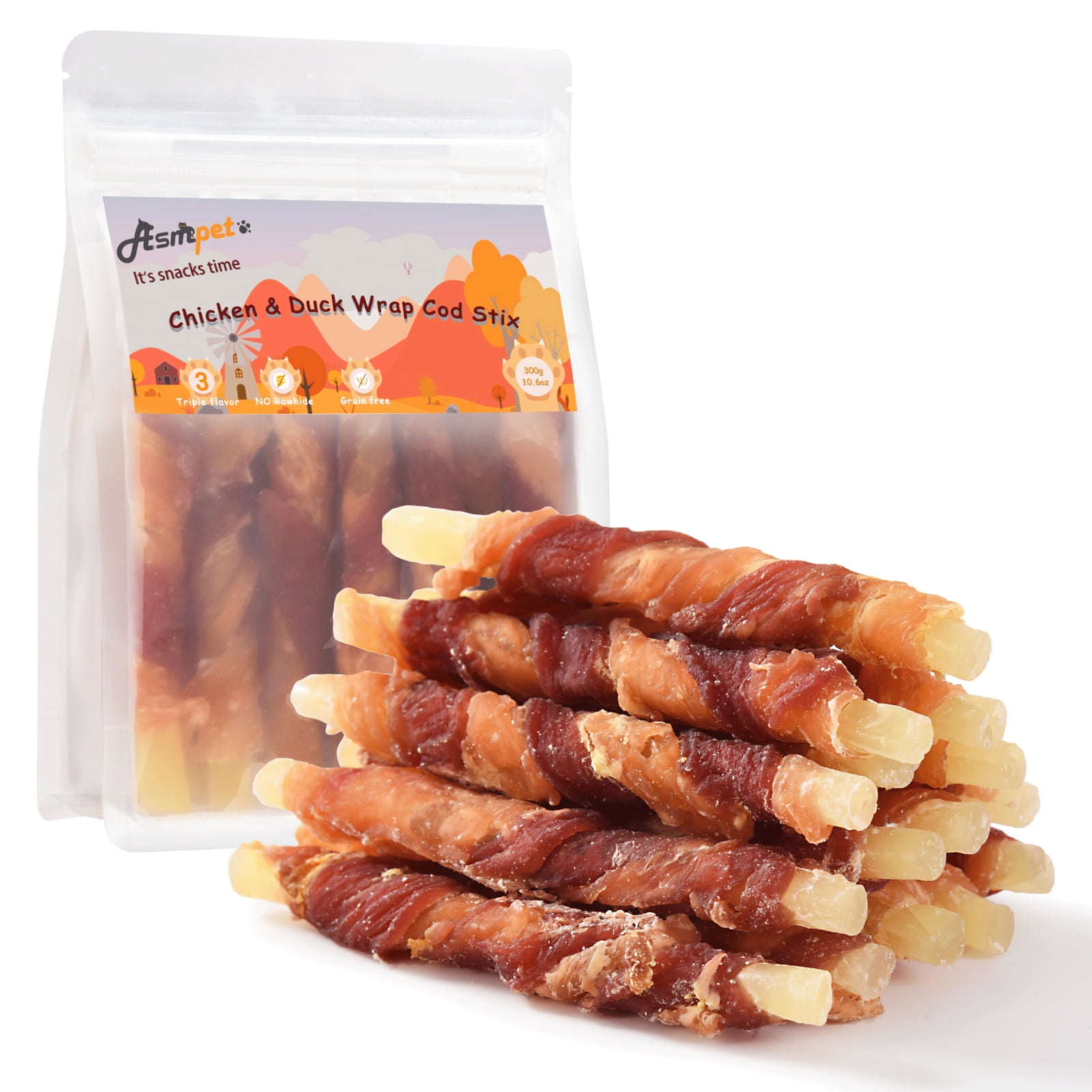 ASMPET Rawhide Free Dog Treats Chicken Jerky & Duck Wrap Cod Sticks, Healthy Treats for Dogs, Soft Chewy Healthy Natural Treats, 15pcs, 11oz