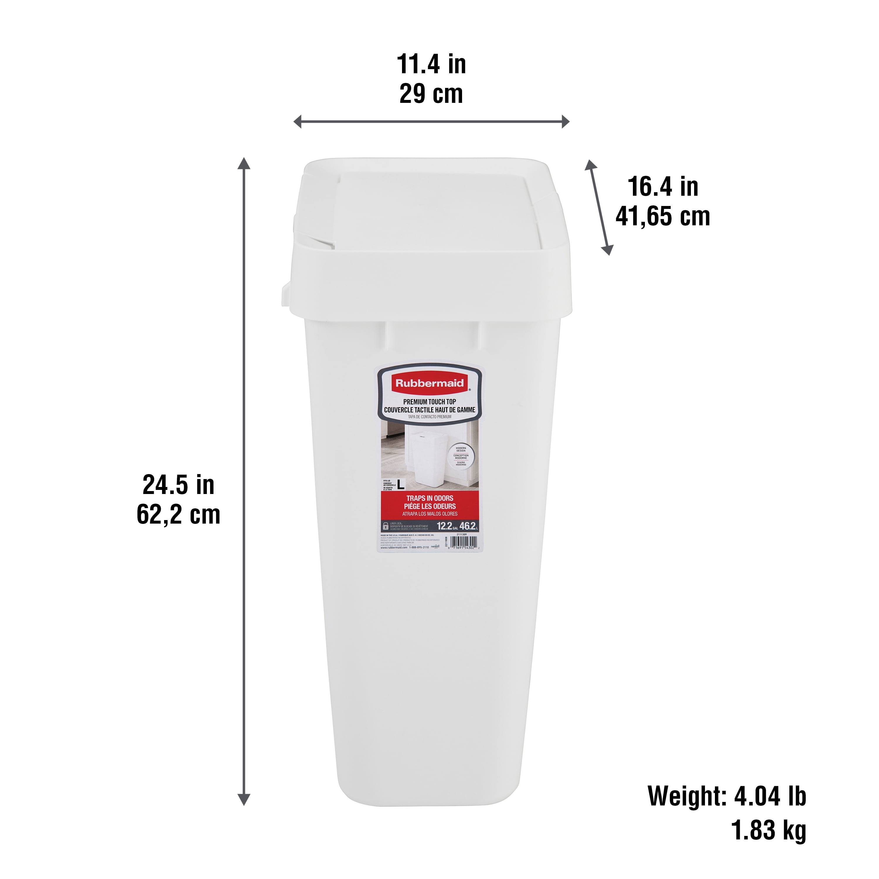 Rubbermaid 12.2 Gallon Touch-Top Kitchen Trash Can with Lid, White Trash Container, 46.2 l