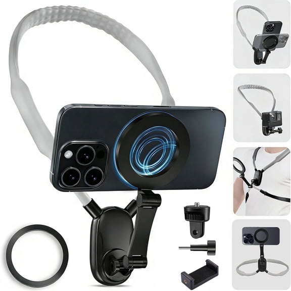 JUSTITUDE Neck Mount Phone Clip Kit U-Shaped Holder Compatible with Action Cameras for Magnetic Neck Stand Wearable Mobile Phone Bracket