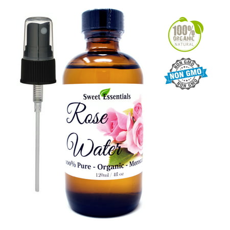 Premium Organic Moroccan Rose Water - 4oz Glass Bottle - Imported From Morocco - 100% Pure (Also Edible) Perfect for Reviving, Hydrating and Rejuvenating Your Face and Neck - By Sweet Essentials