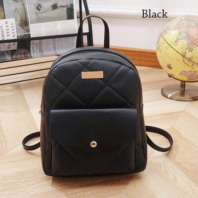 Small Backpack Women Shoulder Bags Diamond Grids Black PU Leather