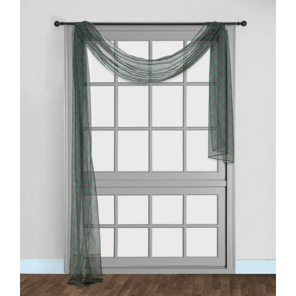 1PC S38 SCARF VALANCE SHEER VOILE TRELLIS GEOMETRIC BROWN/TEAL SEE THRU WINDOW KITCHEN, BATHROOM, RESTAURANT, ANY USE SIZE 36" WIDE X 216" LENGTH