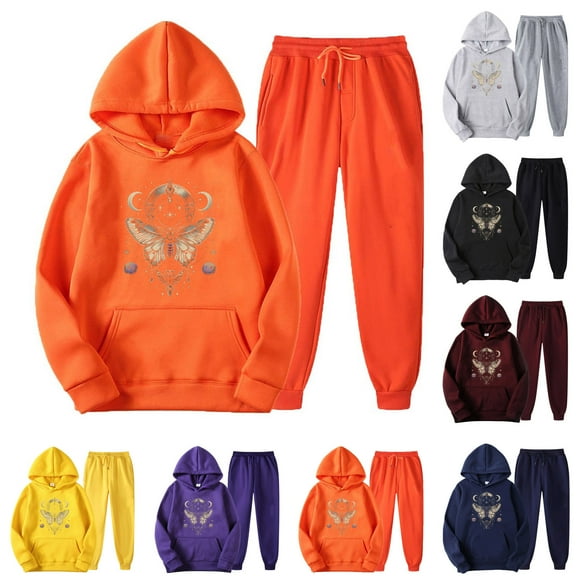 USSUMA 2 Pieces Outfit for Womens Hoodie for Women Long Sleeved Pullover Sweatpant Outfits Pocket Drawstring Print Tracksuit Elastic Waist Trendy Jogger Sets Plus Size Hiking Fall Suit