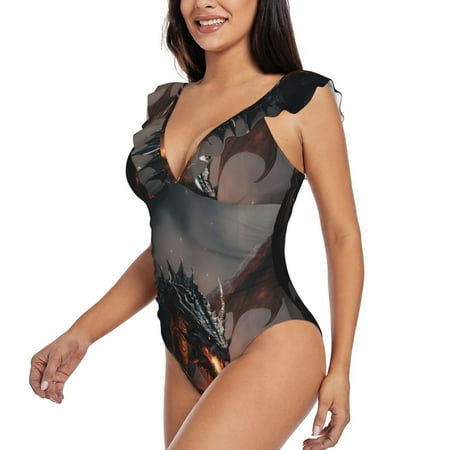 KLL Fiery Black Dragon Attack for Women s Ruffled One Piece Swimsuit Tummy Control Bathing Suit V Neck Swimwear