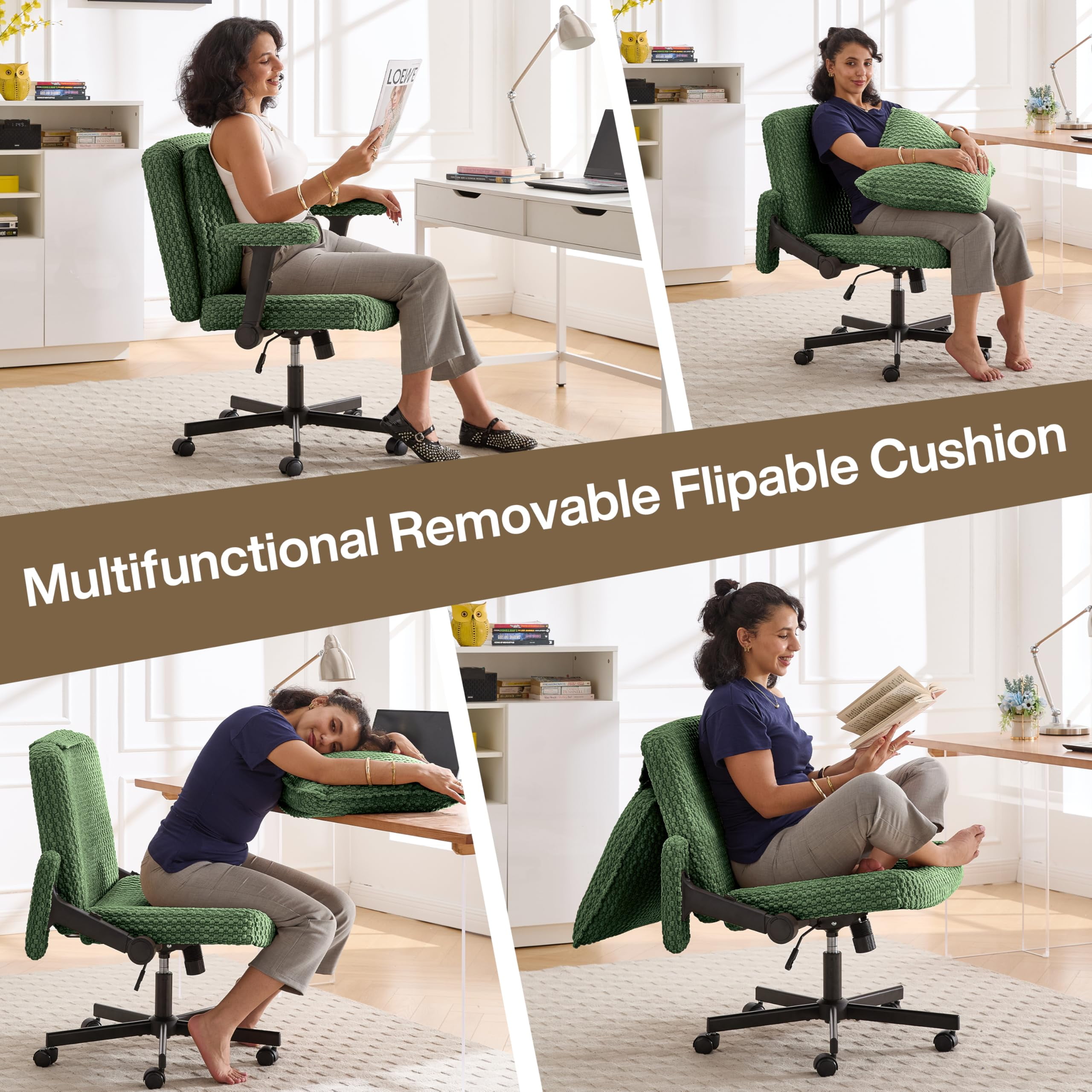 Nexthro Criss Cross Chair,Cross Legged Chair with Wheels and Arms,27" Wide Seat Office Desk Chair with Flipable Back Cushion,Mid Back Beige Swivel Chair for Home Office,Bedroom Vanity(Green)