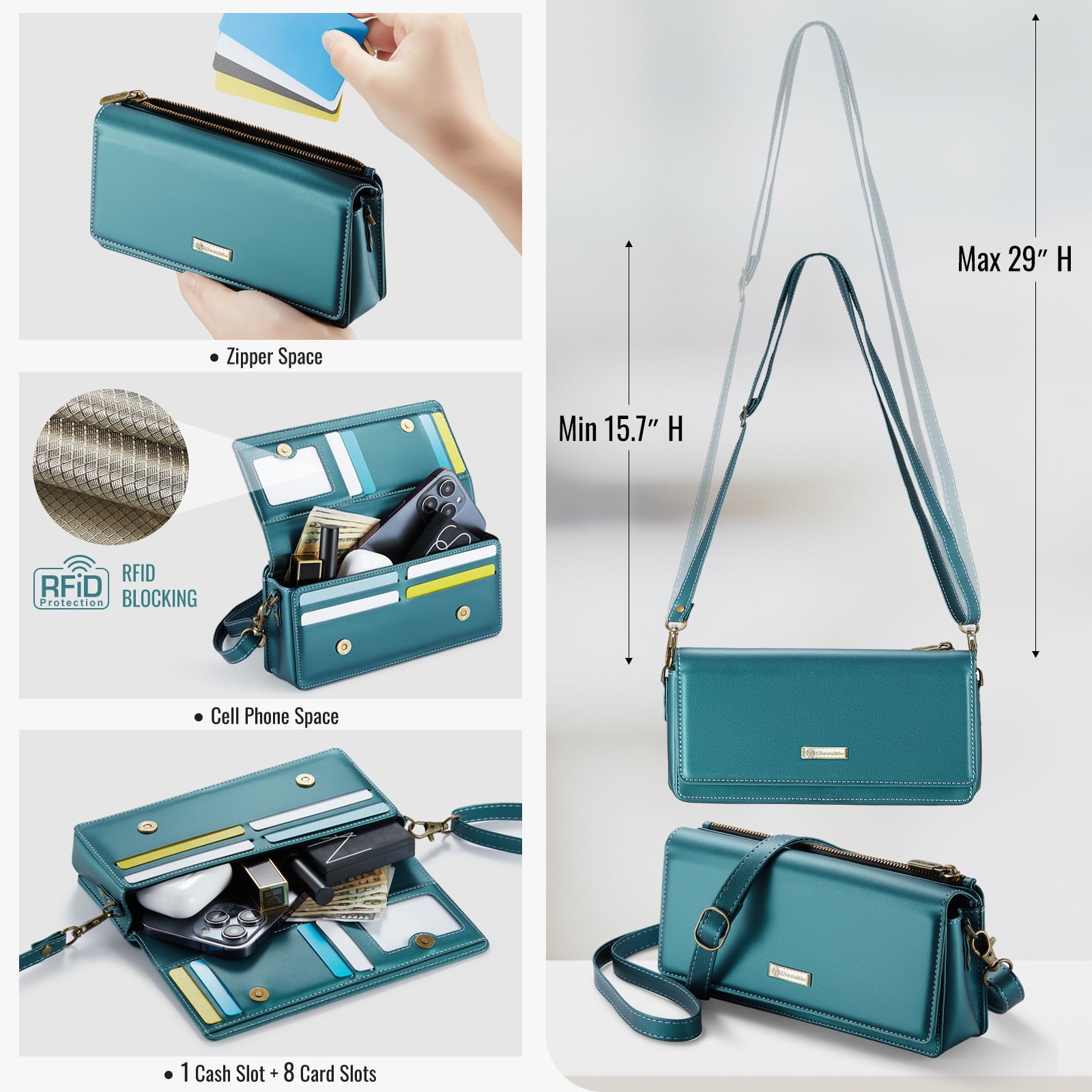 Fashion Small Crossbody Bag for Women,Cell Phone Purse Women's Shoulder Handbags Wallet Purse with RFID Blocking Credit Card Slots Zip Small Crossbody Bag Wrist strap/Shoulder strap - Green