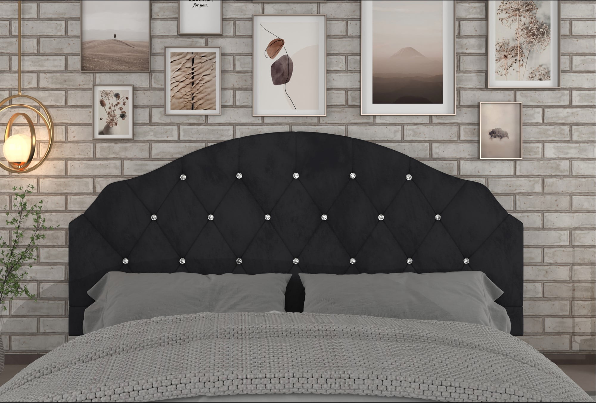 Home Design Evelina Queen Tufted Upholstered Headboard, Black, Velvet with Diamond Button Tufting, Modern Bedroom Furniture
