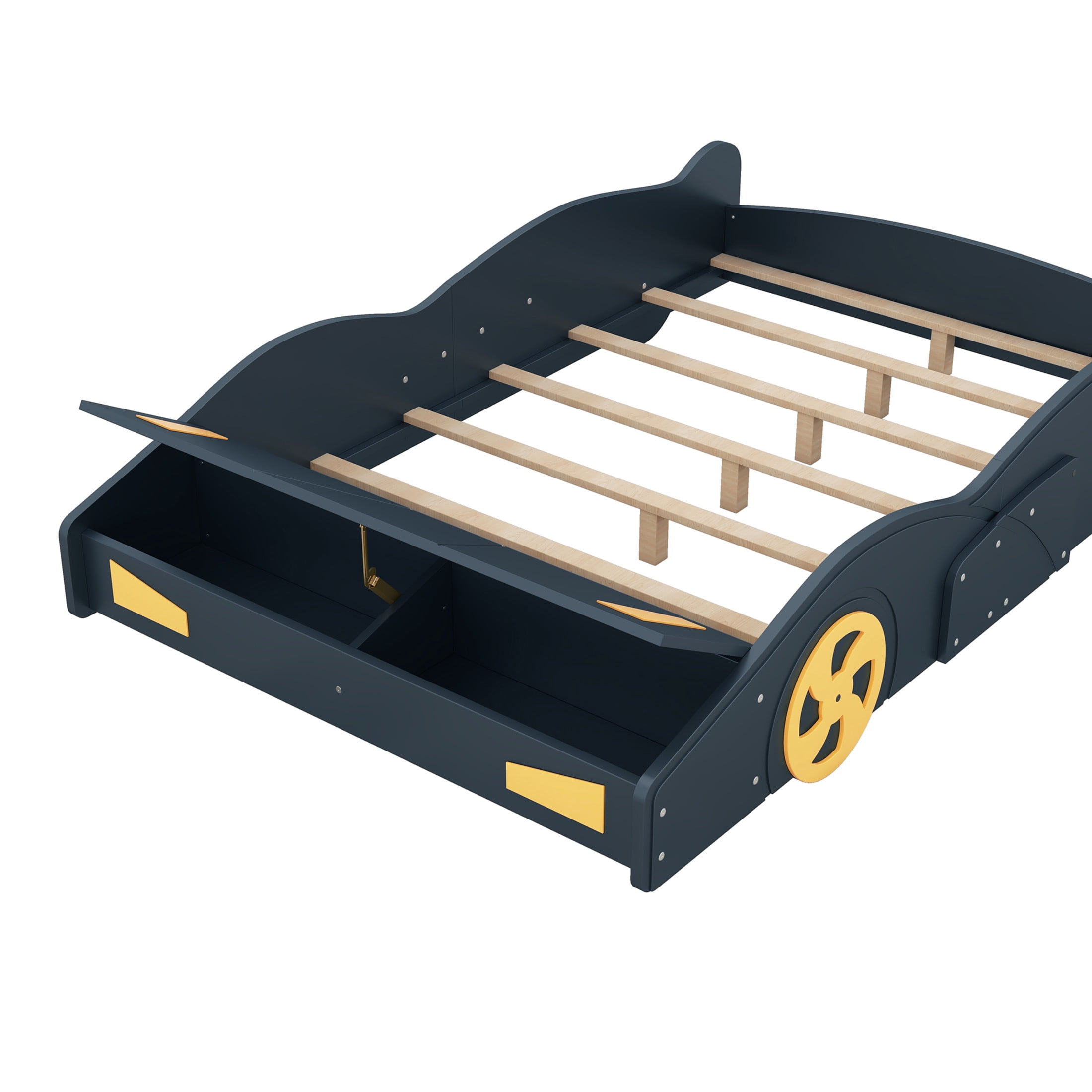 Noble House Full Size Race Car-Shaped Platform Bed with Front Storage, Pine Wood Frame, Dark Blue & Yellow