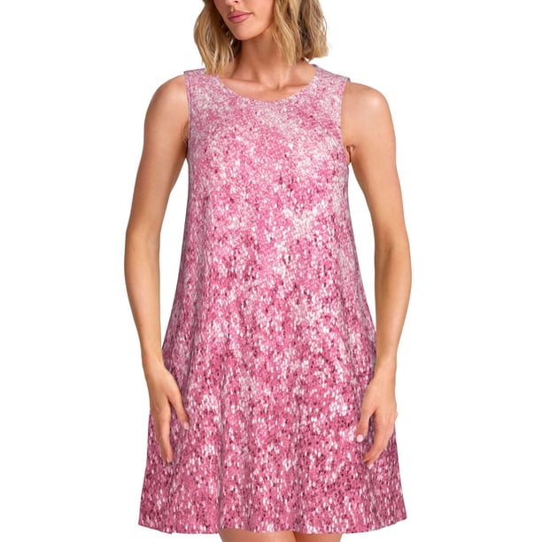 Fotbe Pink Glitter Vestido de Verano sin Mangas para Mujer – Vestido Midi Línea A, Estilo Camiseta Floral, Vestido Playero Casual y Fluido