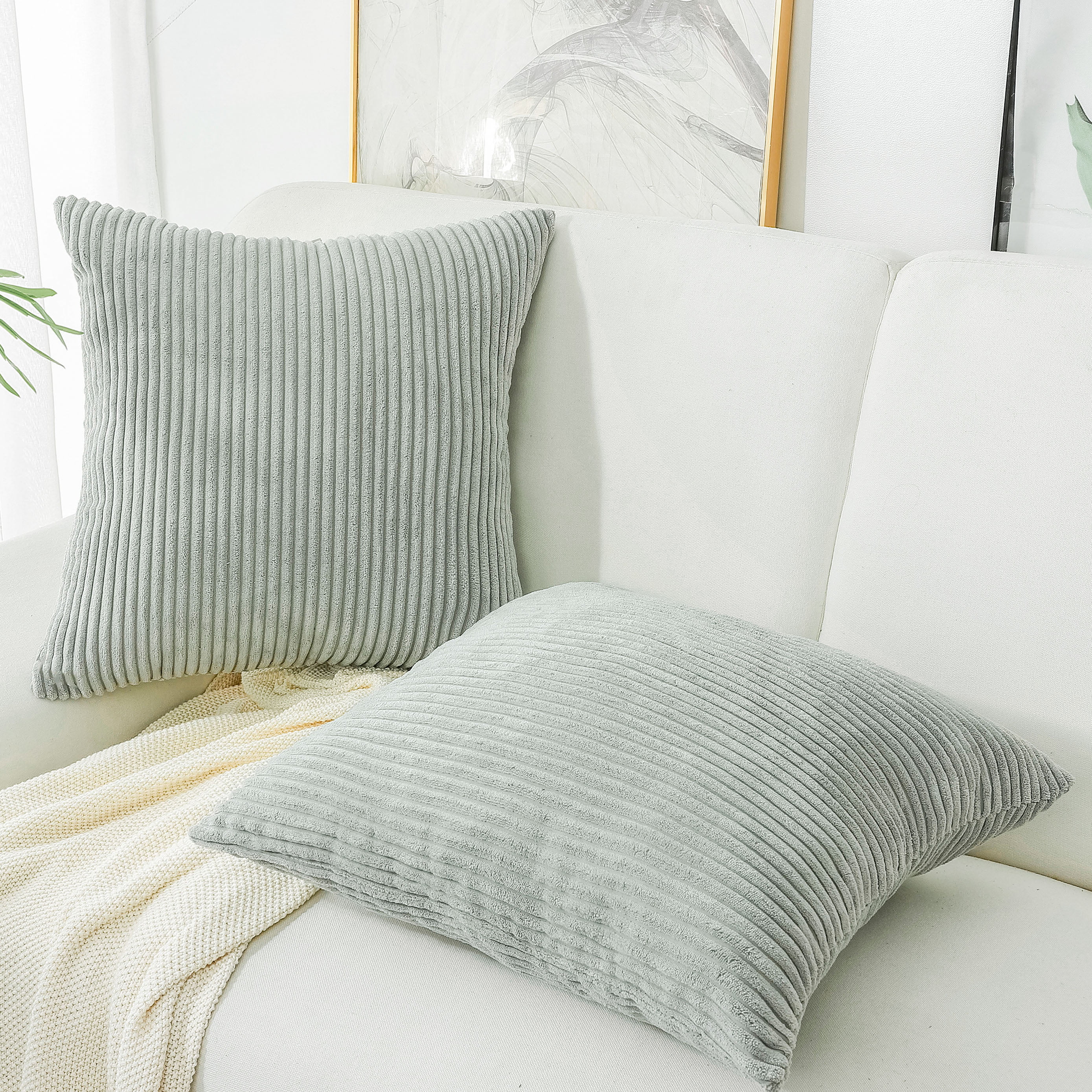 PiccoCasa 2Pcs Soft Corduroy Throw Pillow Covers, 20 x 20 Inch Striped Decorative Cushion Covers