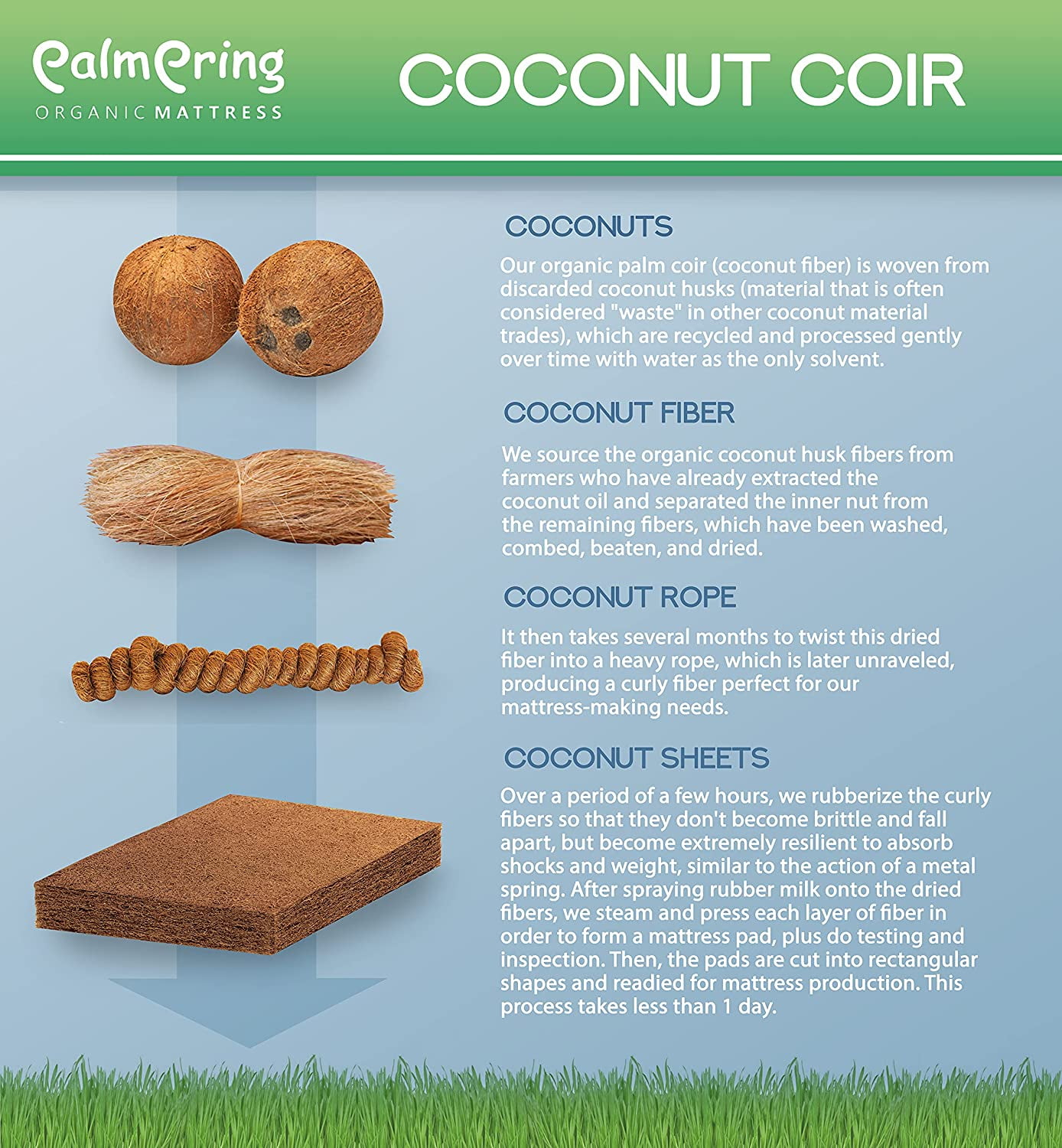 Palmpring Organic Cambay Twin Mattress - Organic Coconut Coir 6” Extra Firm 1 Layer Comfortable Sleep Bed Dust Free