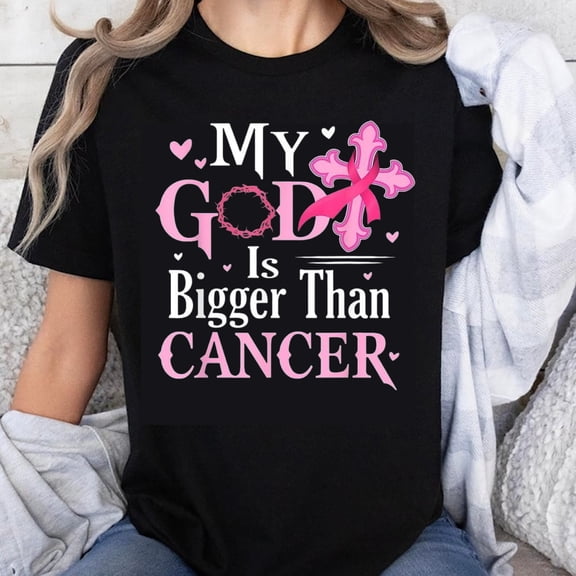 100% Cotton My God Is Bigger Than Cancer Pink Ribbon Christian Faith Breast Cancer Awareness T-Shirt for Women Men Unisex