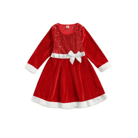 

Mioliknya Christmas Little Girls Breathable DressColor Matching Bow Decoration Round Collar Long Sleeve Princess Skirt