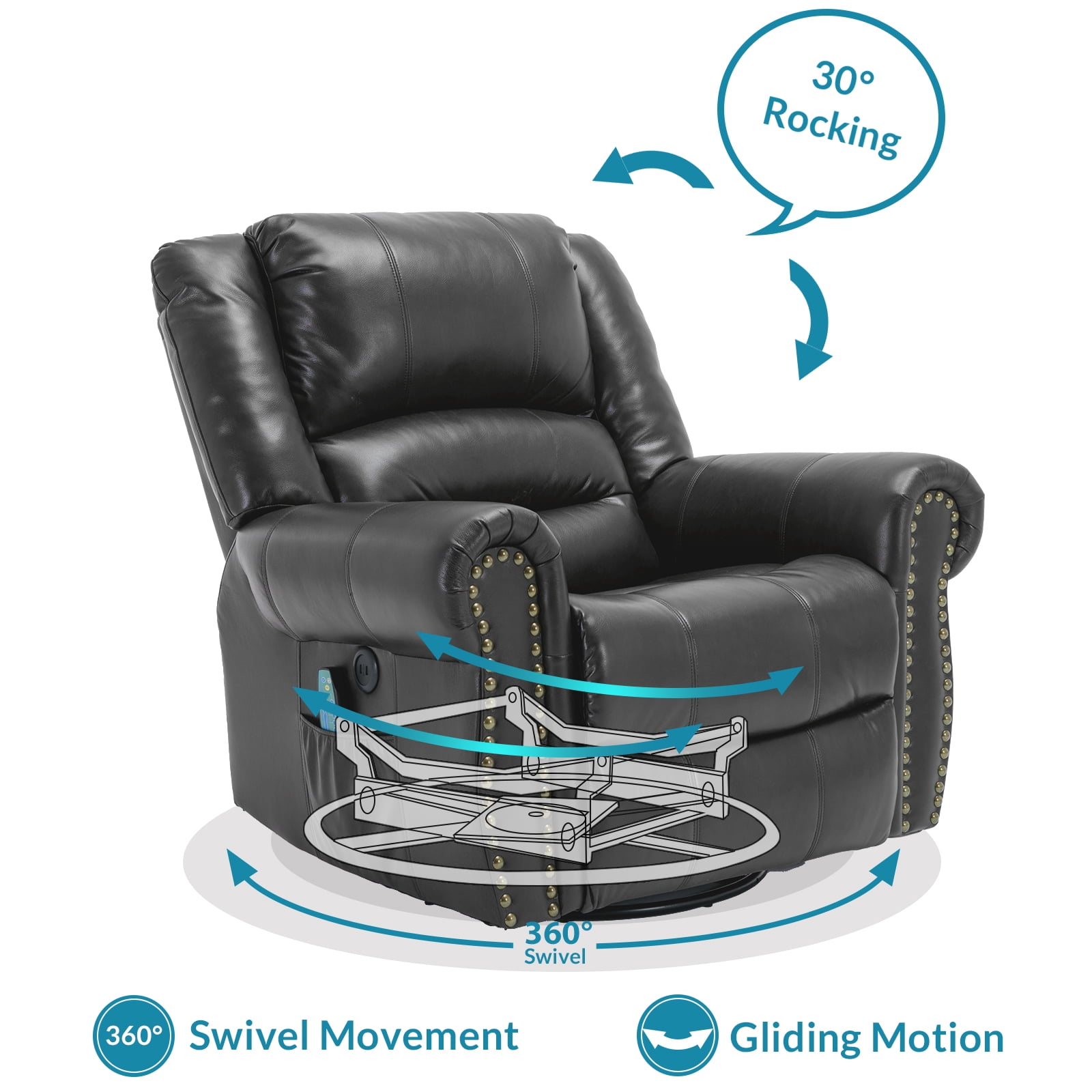 OUINCH Manual 360 Degree Swivel Glider Rocker Recliner Chair with Massage and Heat, USB Ports and 2 Side Pockets, Faux Leather, Grey