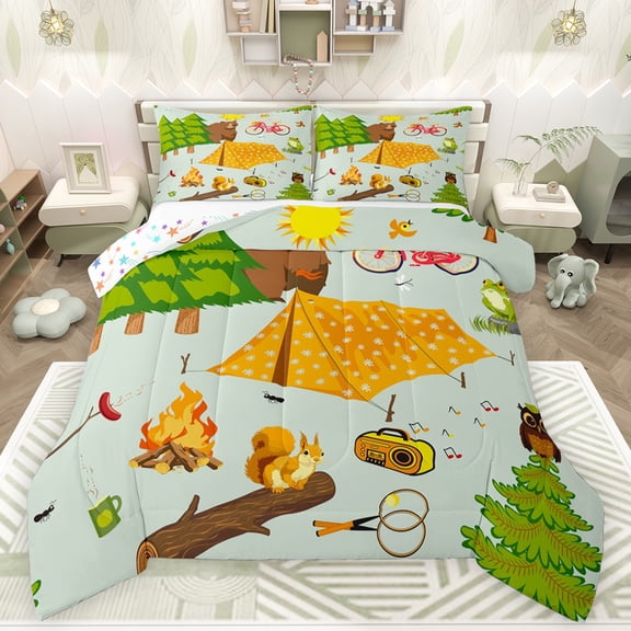 Feelyou Happy Camping Kids Queen Comforter Set, Pine Tree Botanical Bedding Sets, Kawaii Squirrel Animal Reversible Bedding Comforter Set, Super Cozy Room Decor, 3-Piece