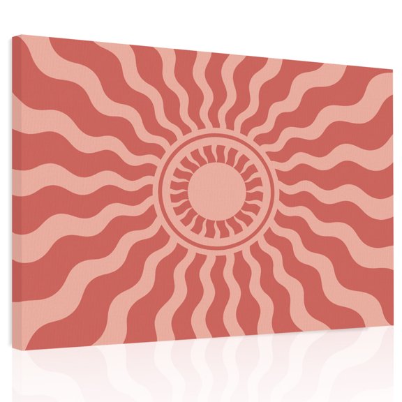 Coral Pink Radiant Sun Canvas Print Wall Art, Abstract Wavy Sunbeams Rings Boho Eclectic Wall Decor Framed Artwork Paintings Pictures for Living Room Bedroom Stretched Ready to Hang, 20" x 24"