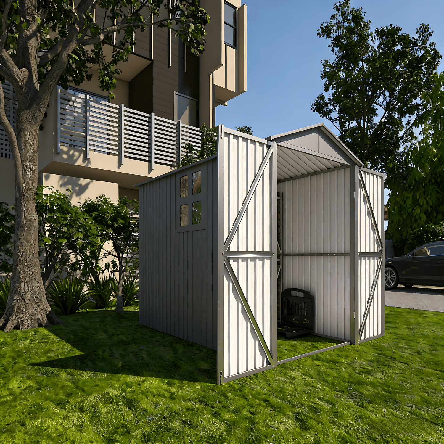 Mintazer 10×6ft Outdoor Motorcycle Storage Shed with Window & Tracks and Fixtures, Large Garden Tool Storage Building for Backyard Lawn Patio, Gray