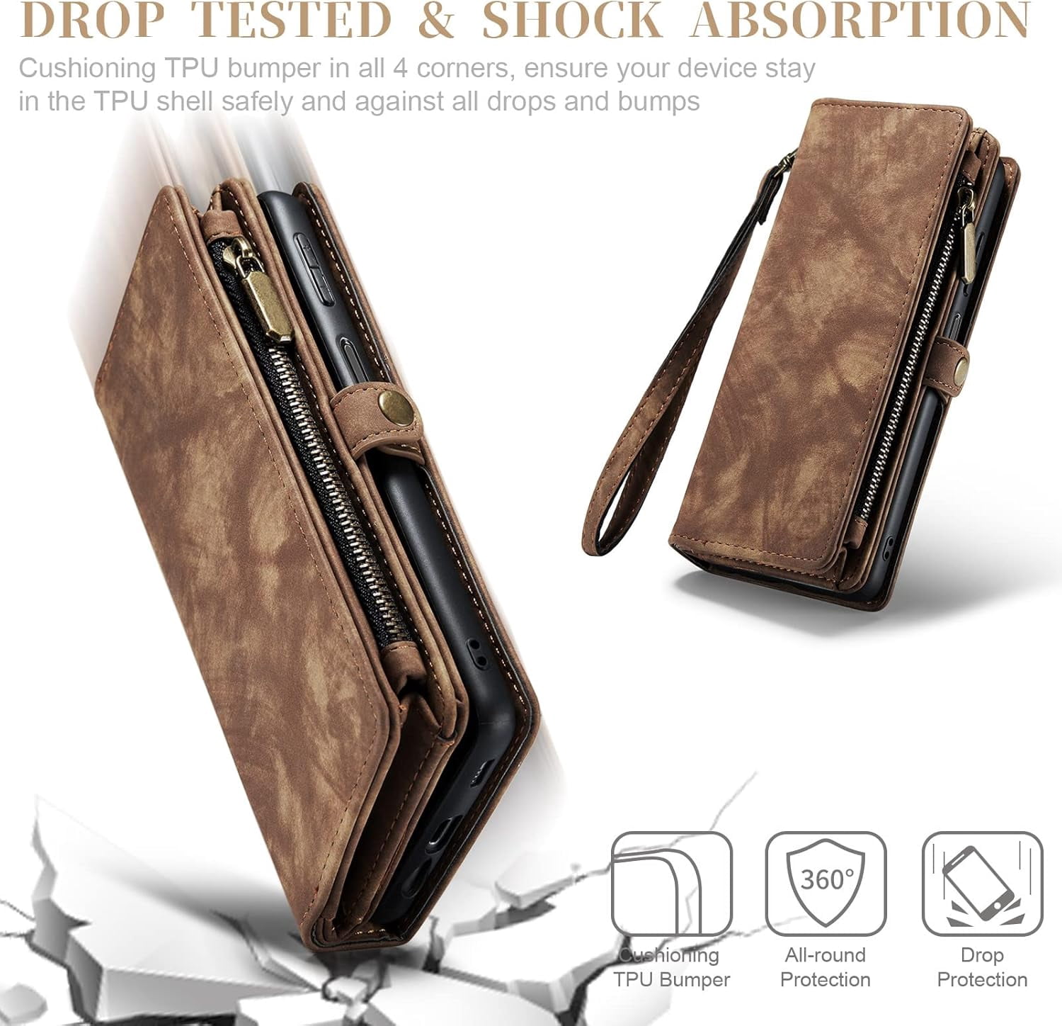 Phone Case for Samsung Galaxy A14 5G Zipper Wallet Detachable Cover with Tempered Glass Screen Protector and Leather Flip Credit Card Holder TPU Cell Accessories A 14 4G 14A G5 Women Men Brown