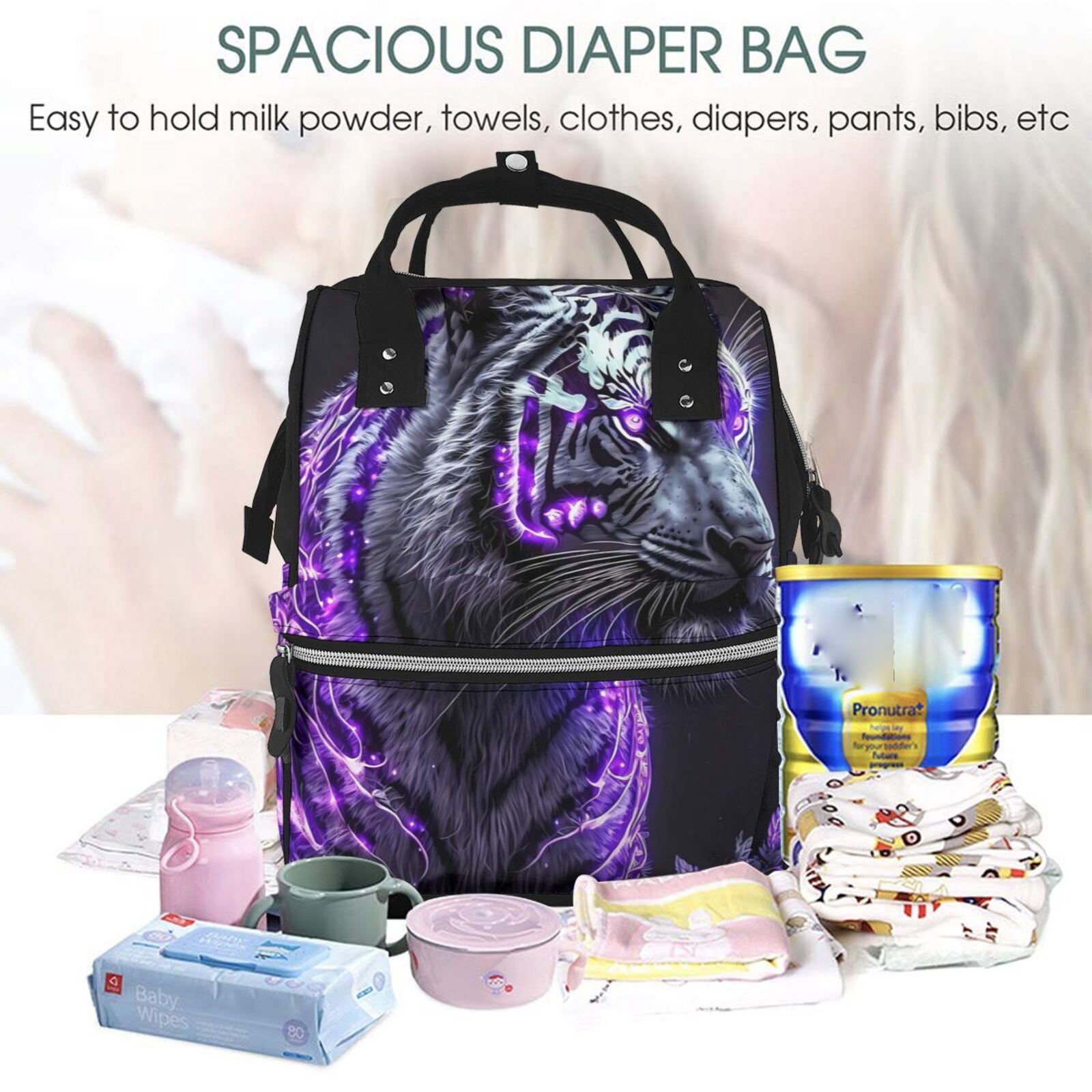 Ratiio Purple Plant White Tiger Mummy Backpack - Waterproof Twill Canvas, Large Capacity Diaper Bag with Multiple Pockets and Adjustable Straps