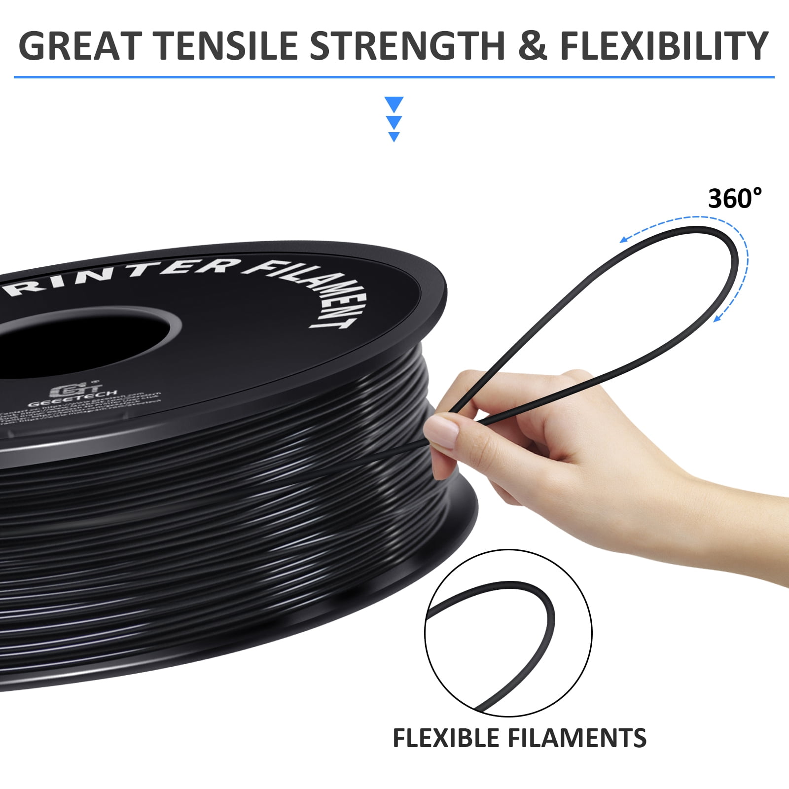 Geeetech TPU 1.75mm Flexible Soft Filament Black, 10kg Spool (22 lbs.), Dimensional Accuracy +/- 0.03 mm
