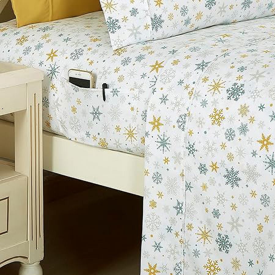 Elegant Comfort Soft 6-Piece Bed Sheets Set High-Quality Microfiber, Wrinkle & Fade Resistant, Holiday Pattern, Cal King, Gold Snowflake