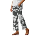 thumbnail image 2 of Boho Beach Pants for Women Casual Floral Print Elastic Waist Wide Straight Leg Loose Linen Cropped Pants with Pockets, 2 of 7