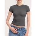 thumbnail image 4 of Women'S Crew Neck Short Sleeve Tops Slim Fit T Shirts Basic Tee Crop Tops Workout Y2k Clothes Dark Gray M, 4 of 9