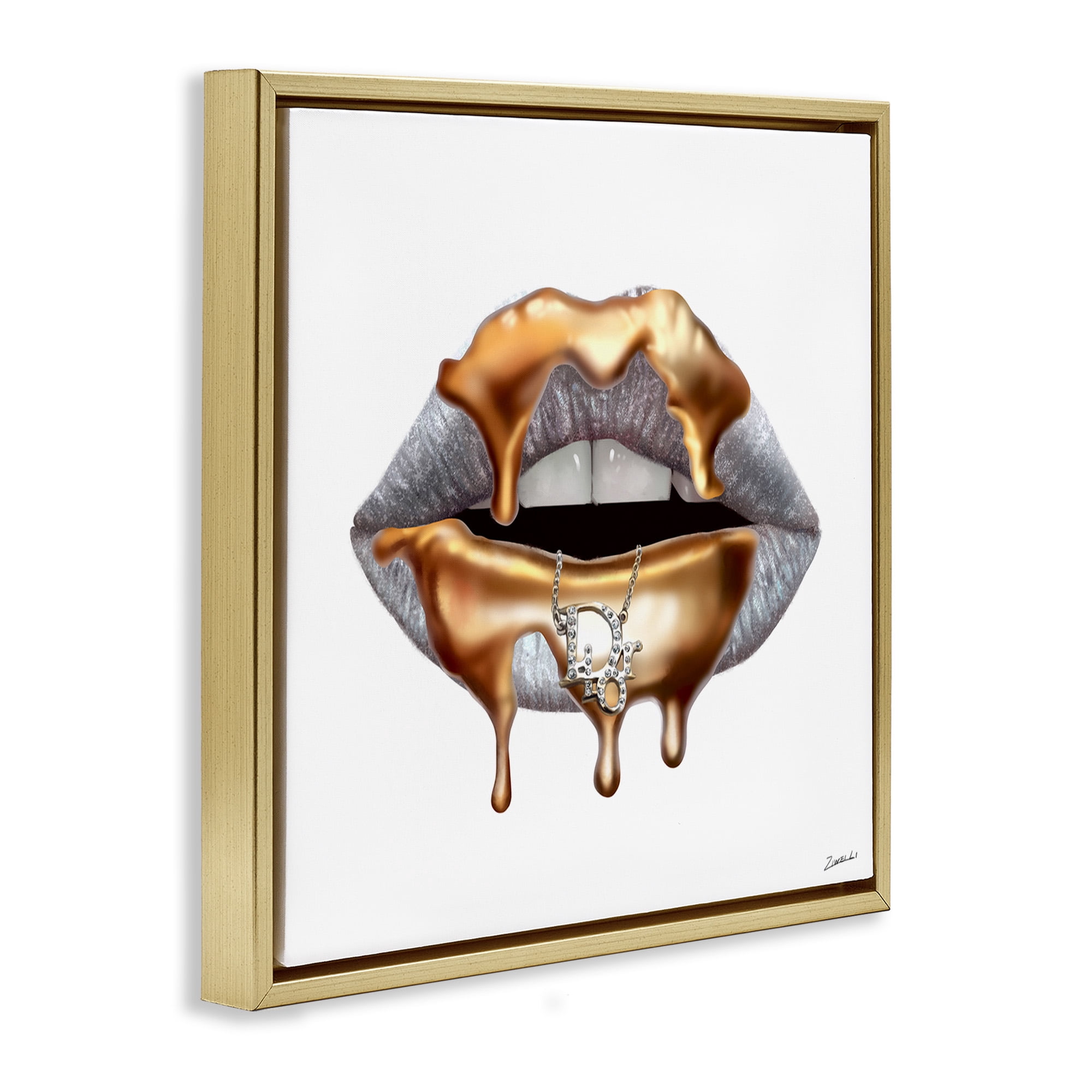 Stupell Industries Glam Silver Lip Gold Drip Beauty & Fashion Painting Gold Floater Framed Canvas Art Print Wall Art, 18 x 18