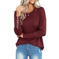 thumbnail image 2 of VISgogo - Camiseta holgada informal para mujer, color sólido, cuello redondo, manga larga, puños recortados con botones VISgogo  moda, 2 of 9