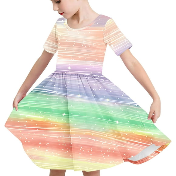 Odeerbi Niñas Gradiente Tie-Dye Skater Vestido Verano Flamed Swing Vestido Niños Manga Corta Elástico Vestido de Una Línea