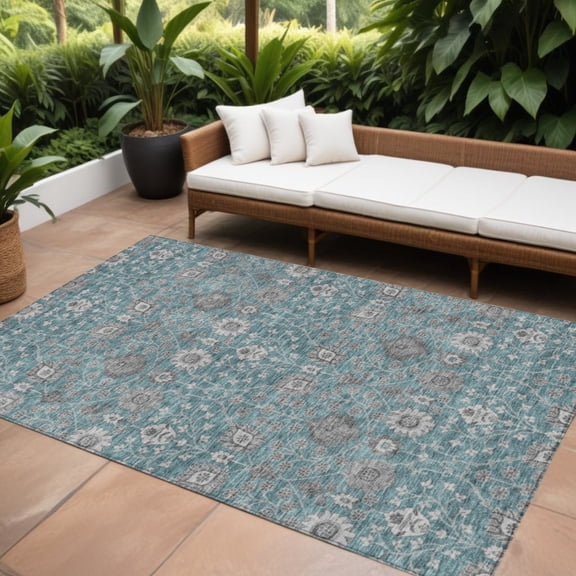 HomeRoots 605440 8 x 10 ft. Teal Blue, Gray & Charcoal Floral Washable Indoor & Outdoor Rectangle Area Rug
