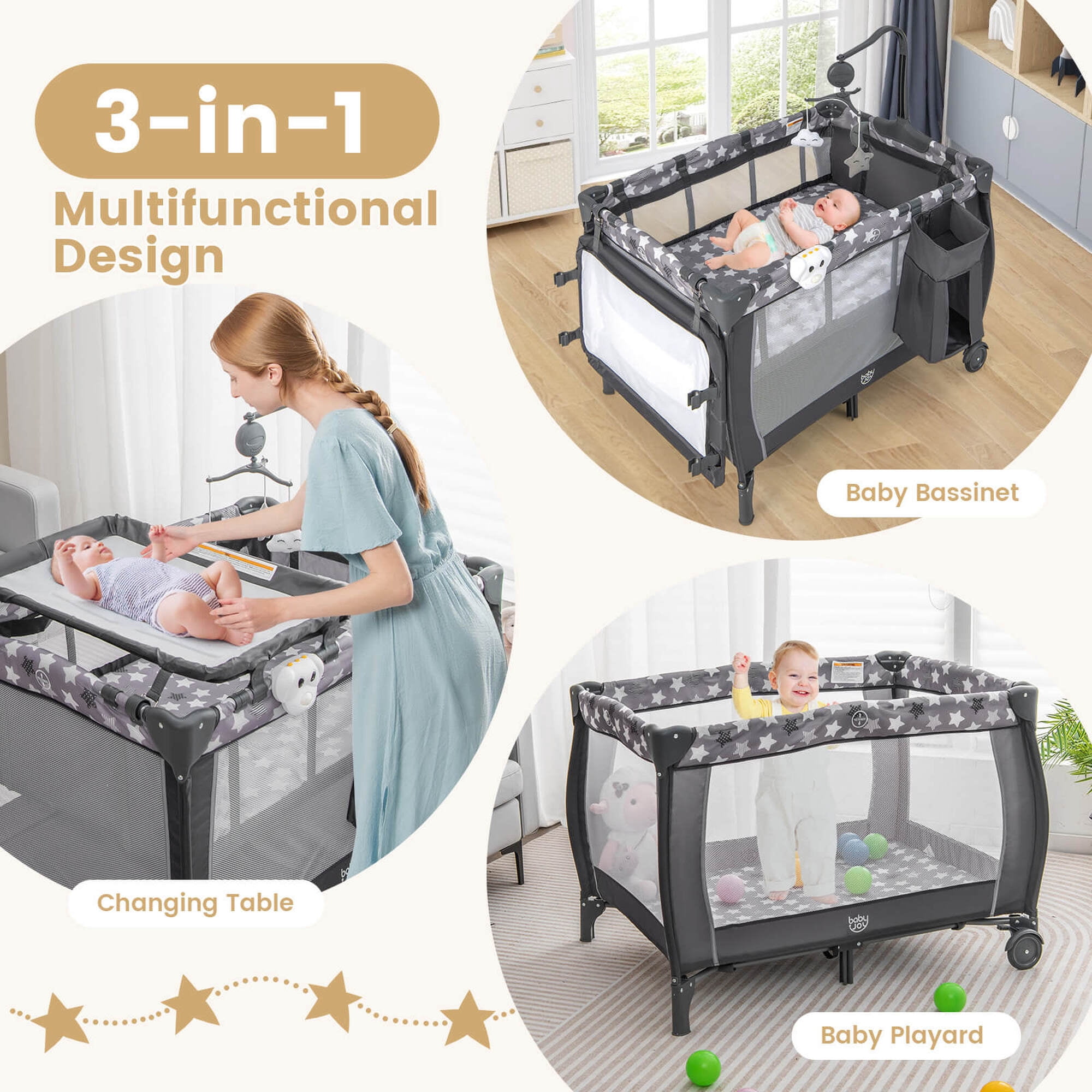 Costway Portable Baby Playard Nursery Center Crib with Hanging Toys & Music Box Gray