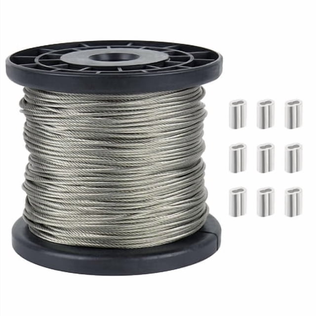 1/16 Wire Rope, 1/16 galvanized cable, 328FT Wire Cable, 304 Stainless Steel Aircraft Cable with 120 Pcs Aluminum Sleeve, 7x7 Strand Core 368 lbs Breaking Strength for Outdoor Garden Craft Clothesline