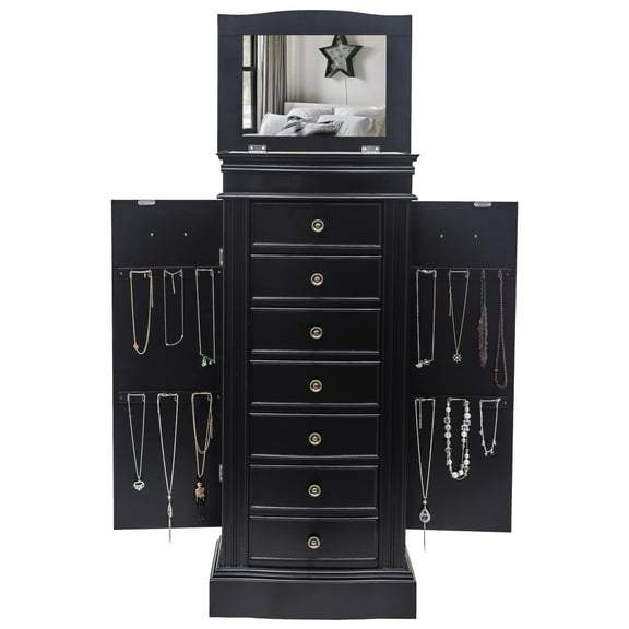 Classic Jewelry Armoire With Mirror 7 Drawers & 24 Necklace Hooks 2 Side Swing Doors Black