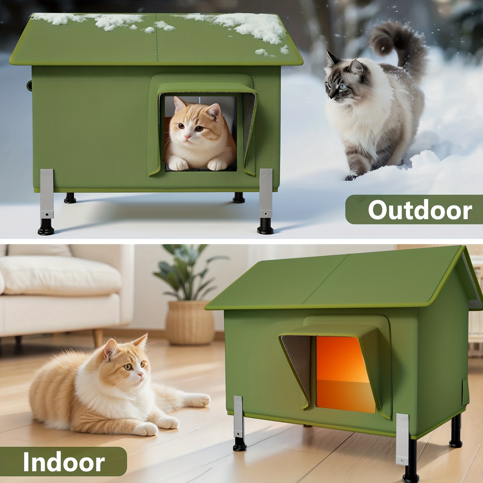Heated Cat House for Iron pipe style, Extremely Insulated Outdoor Cat House Escape Door, Awning, Elevated Feral Animal Shelter for Winter