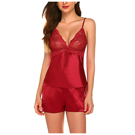 

sexy lingerie for women Women Sexy-Lingerie Sleepwear Satin Silk Babydoll Lace Up Nightwear Pajamas Set