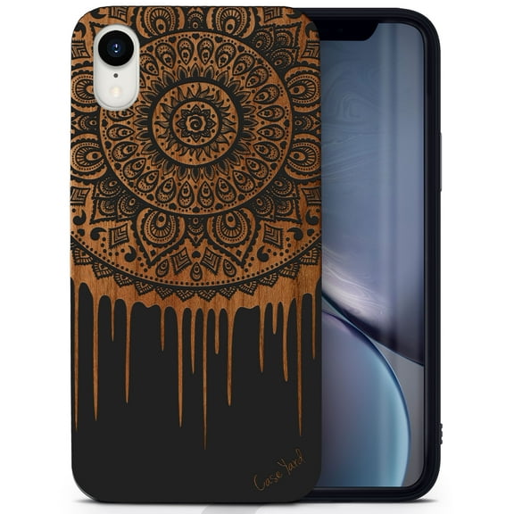 Wood phone case for iPhone XR compatible protective cell phone cover shockproof slim fit laser engraved Dripping Mandala design Black wood case for Men & Women by CaseYard