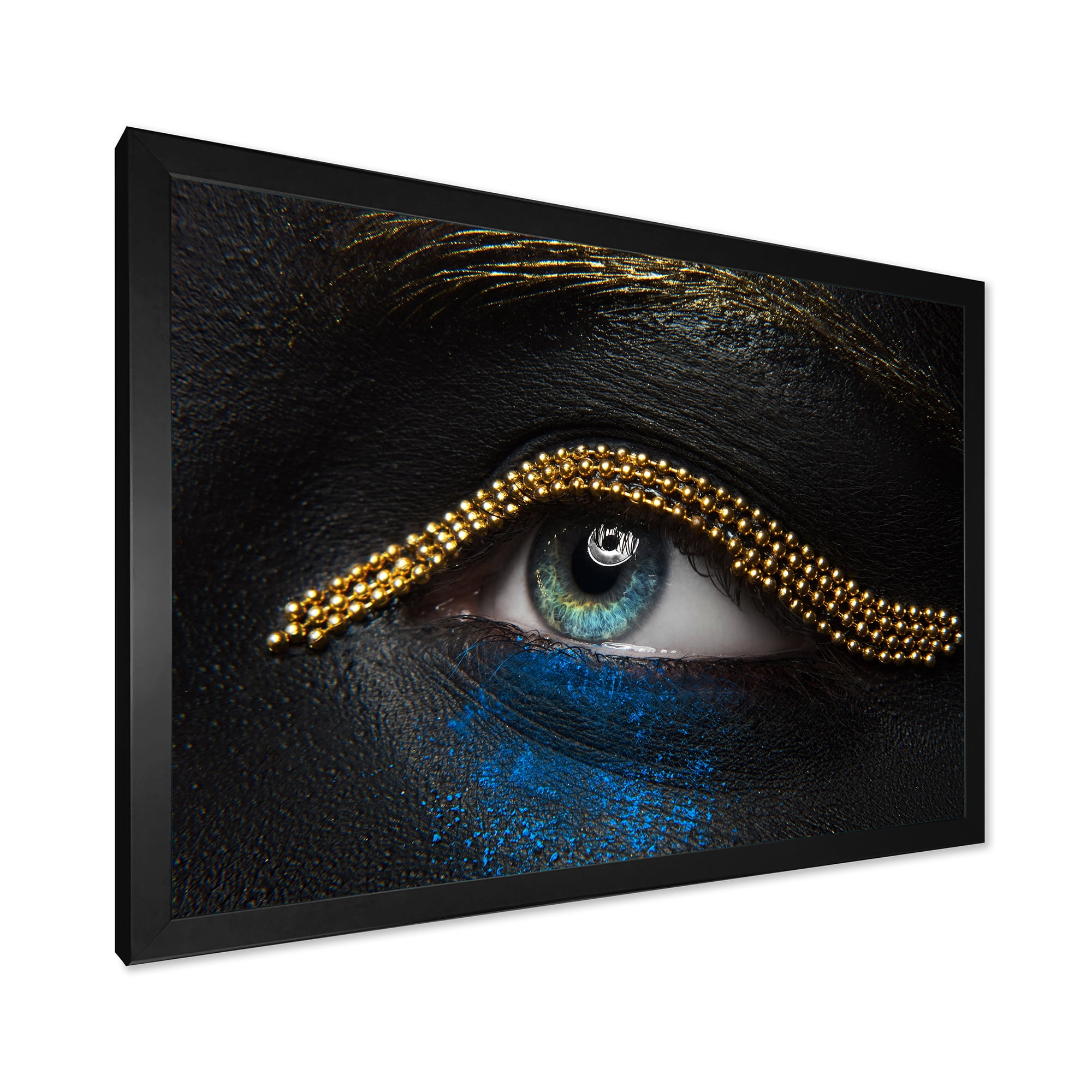 Designart 'Woman Eyes With Black Skin With A Gold Chain' Modern Framed Art Print