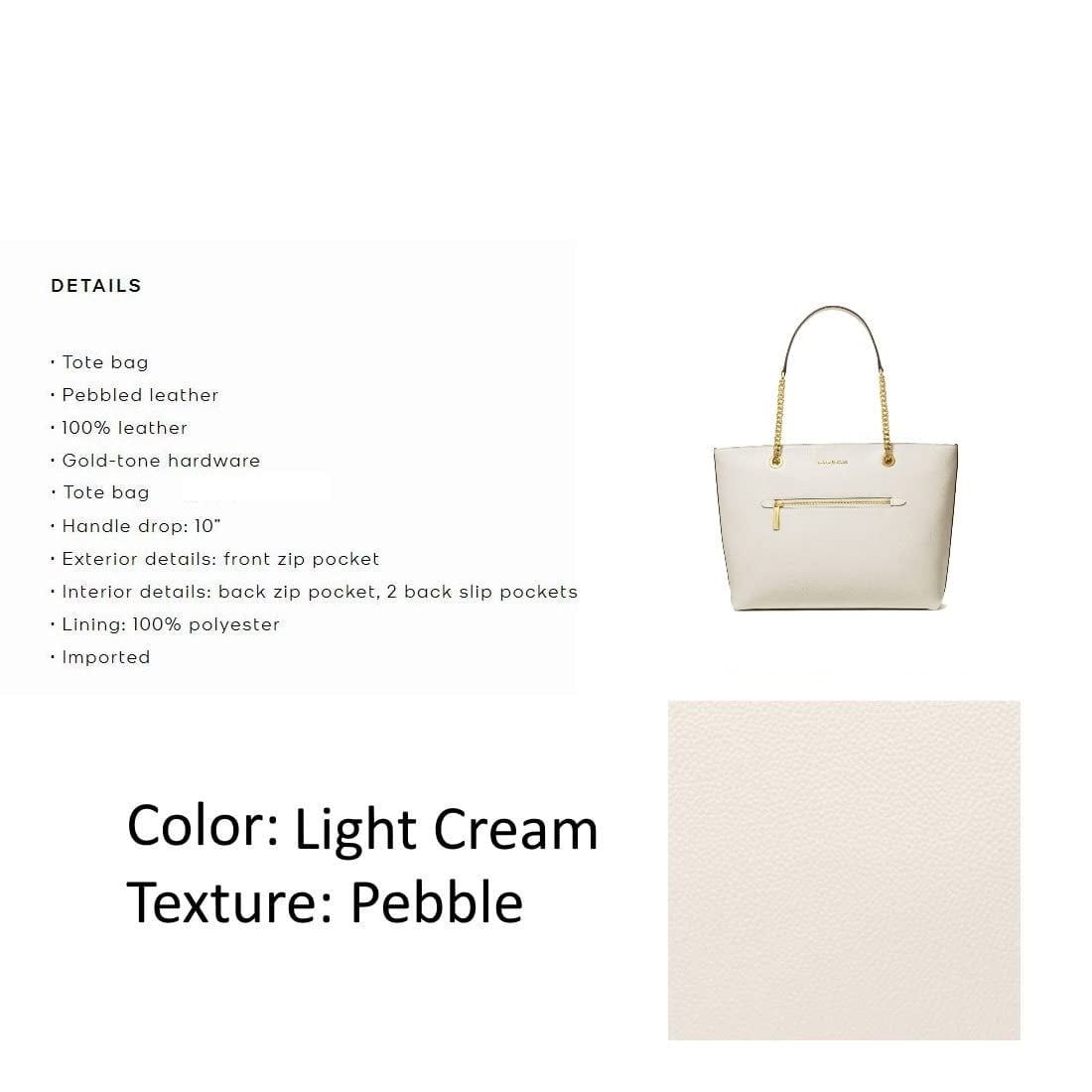 Michael kors Jet Set Medium Cream Leather Front Pocket Zip Chain Tote Bag Purse