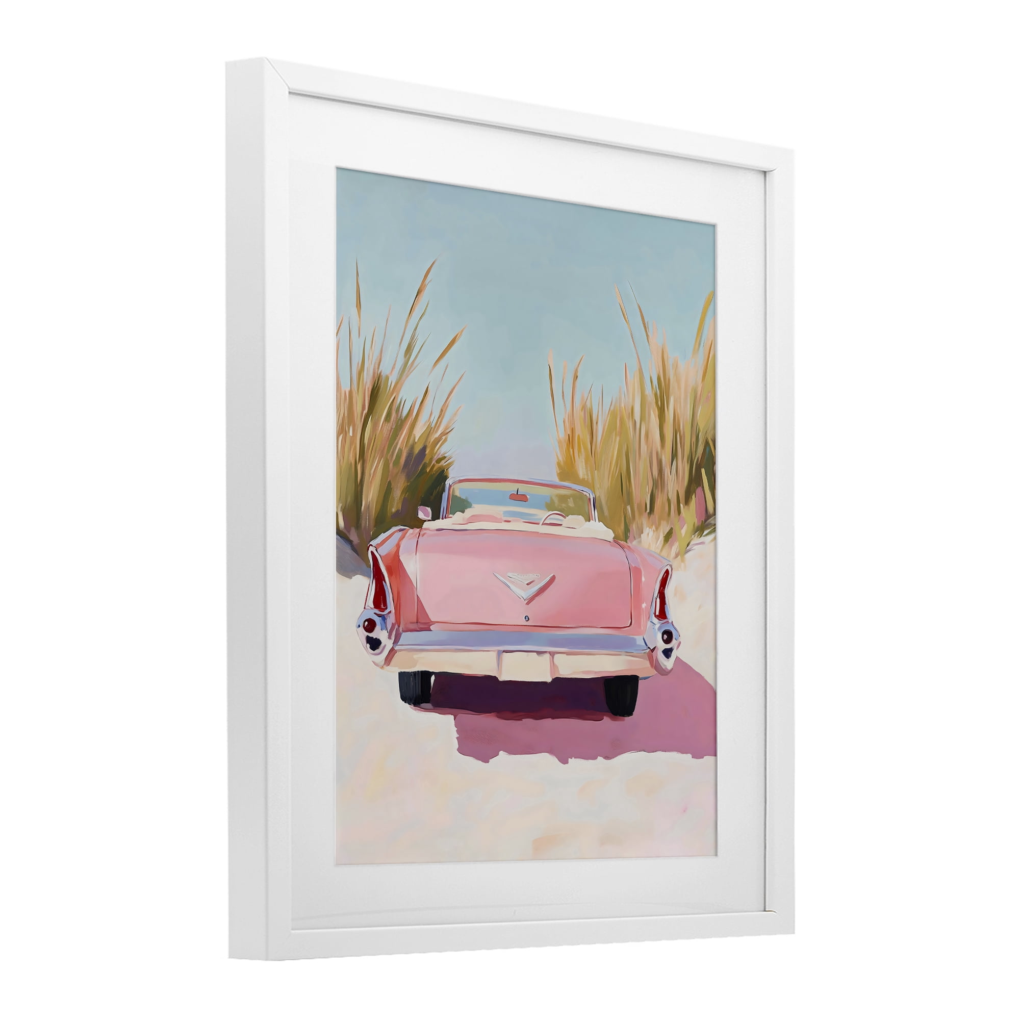 Stupell Industries Pink Cadillac on Beach White Framed Print Under Glass, design by The Prints Vibe