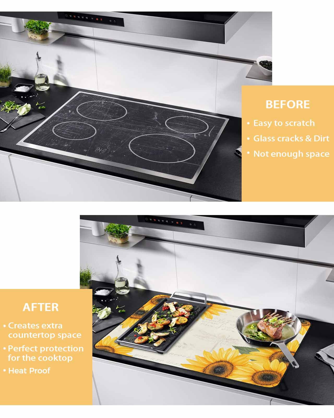 nqOlkjepod Large Induction Cooktop Protector Mat 24"x21", Sunflower Retro Stove Top Covers for Electric Stove, Spring Summer Retro Botanical Floral Stove Burner Cover Mats, Glass Top Stove Cover