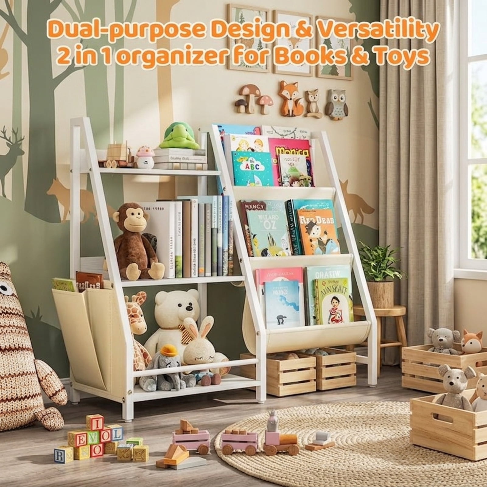 Fenbeli 3-Tier Kids Bookshelf and Toy Storage, White Bookcase with Display Compartments Side Pockets and Anti-Tip Strap, Organizer for Nursery Bedroom and Playroom