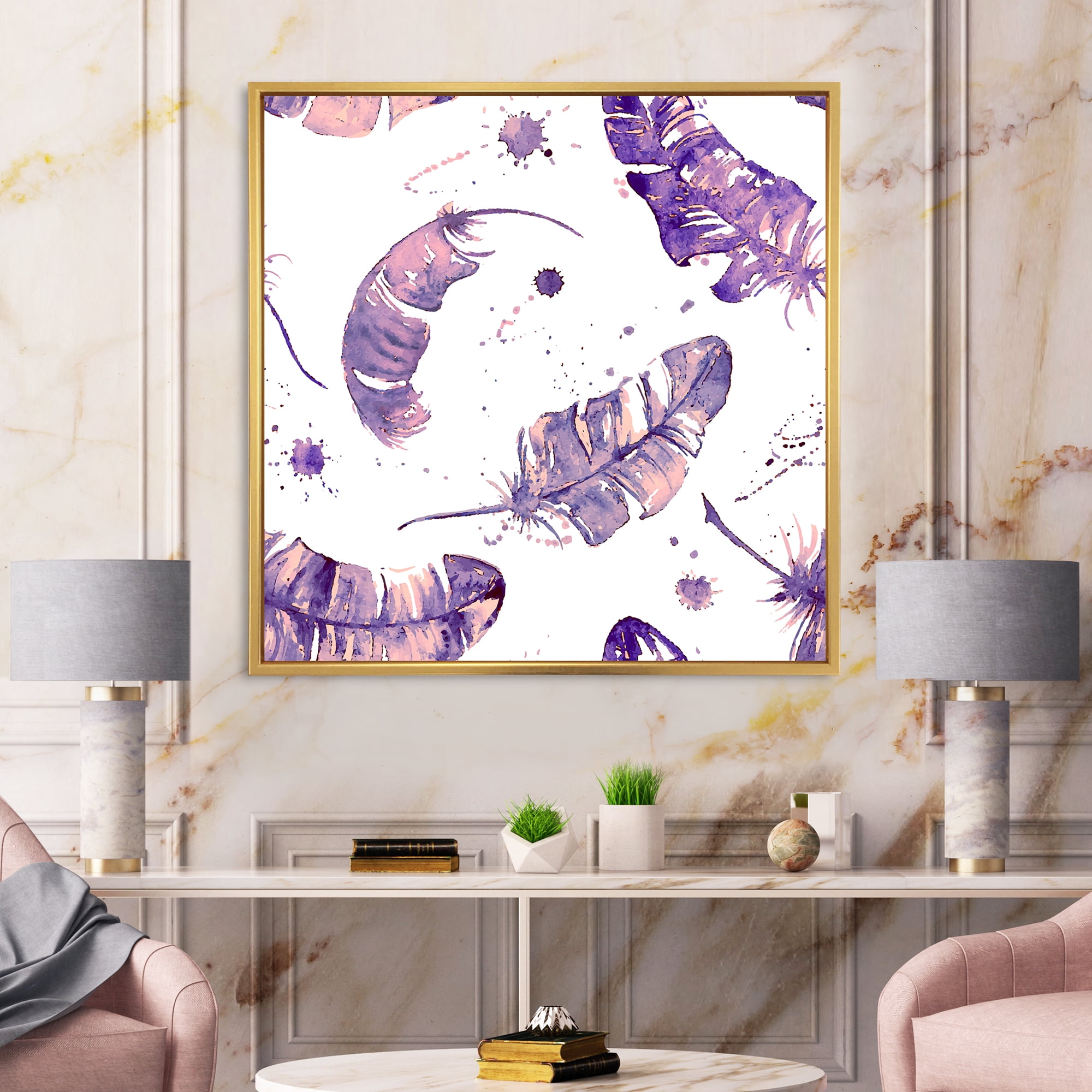 Designart 'Ethnic Purple Feathers Composition' Bohemian & Eclectic Framed Canvas Wall Art Print