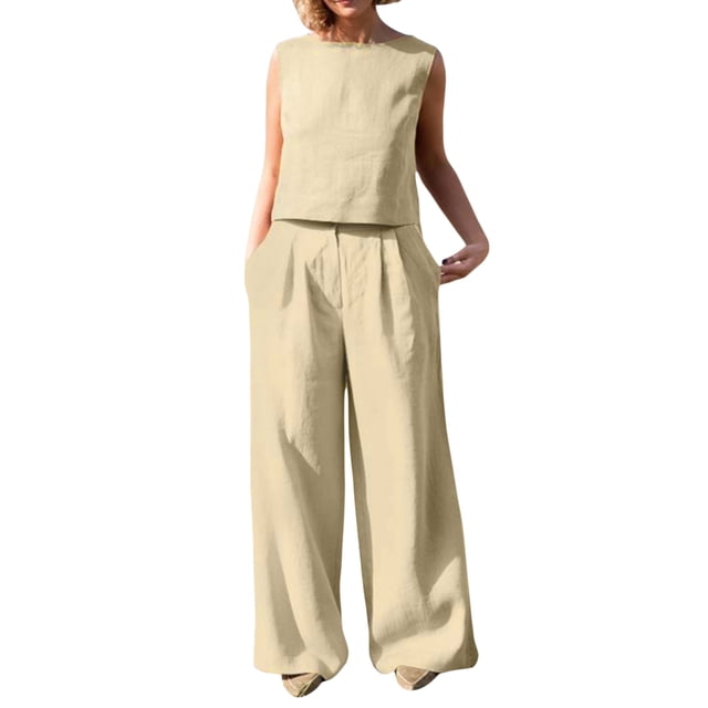 VISgogo Conjunto de pantalones casuales para mujer Color sólido Cuello redondo Sin mangas Tops Cierre de botón Pantalones de pierna ancha VISgogo moda