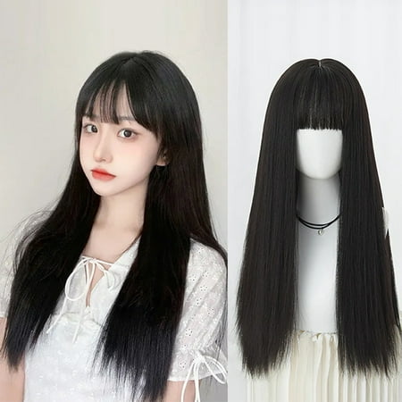 Ediodpoh Air Bangs Long Straight Hair Wig Headgear Black Whole Wig Human Hair Is Natural and Realistic 75cm/29.5in Wigs for Women Black_001
